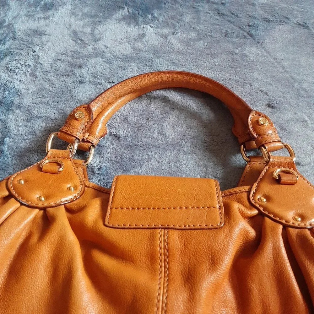 Antonio Melani Tan Leather Satchel Handbag with Gold Hardware Width 12in.